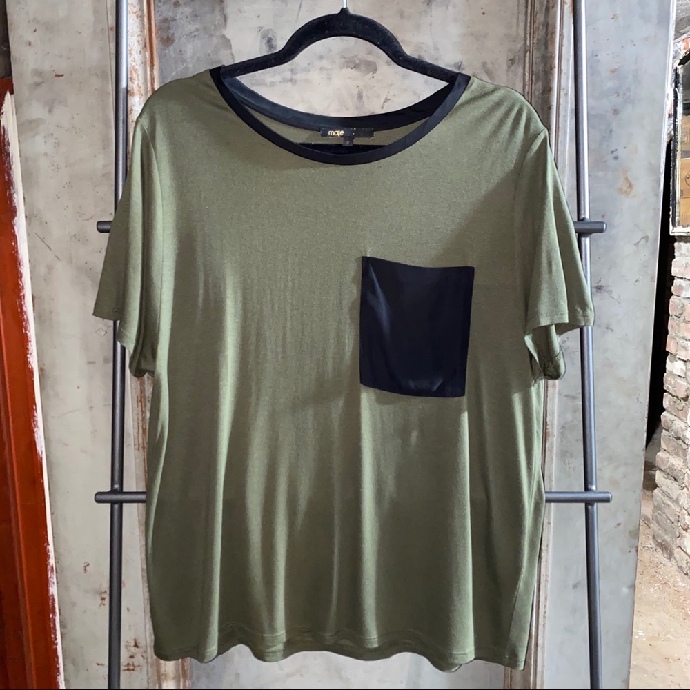 Maje Olive Green Silk Black Pocket Tee T-Shirt